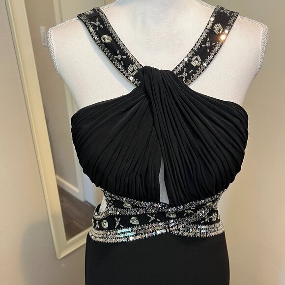 Betsy & Adam Black Sequined Front cross Cut Out Gown, Size 10 - Picture 2 of 16